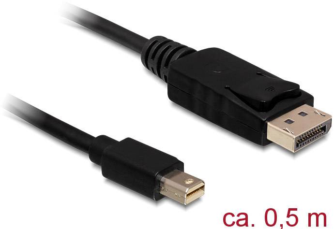 Črn kabel z mini DisplayPort in standardnim DisplayPort priključkom, dolžina približno 0,5 metra.