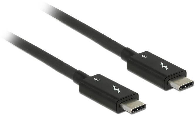 Dva črna USB-C kabla s simbolom Thunderbolt, primerna za hitro prenos podatkov in napajanje.