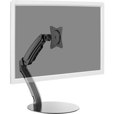 Nagibni monitor arm z okroglim podstavkom in pritrditvijo za pritrjevanje zaslona, prikazan pred sivo ozadjem.