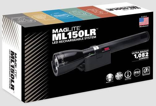 Škatla polnljive LED-svetilke, model 'Maglite ML150LR', z 1.082 lumni. Vsebuje simbole za funkcije in poreklo.