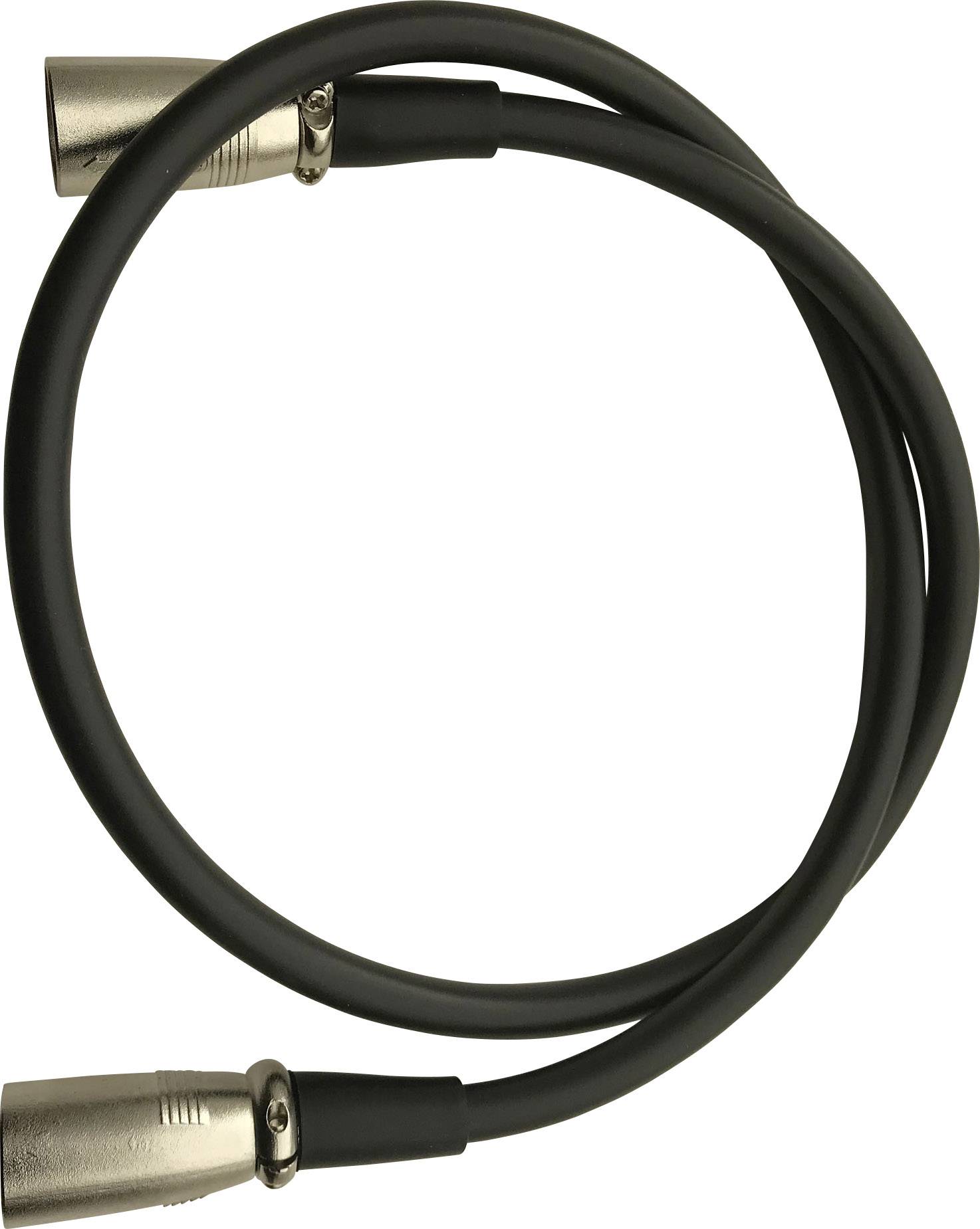 Črn XLR-kabel s srebrnimi vtiči na obeh koncih, primeren za avdio povezavo mikrofonov in drugih naprav.