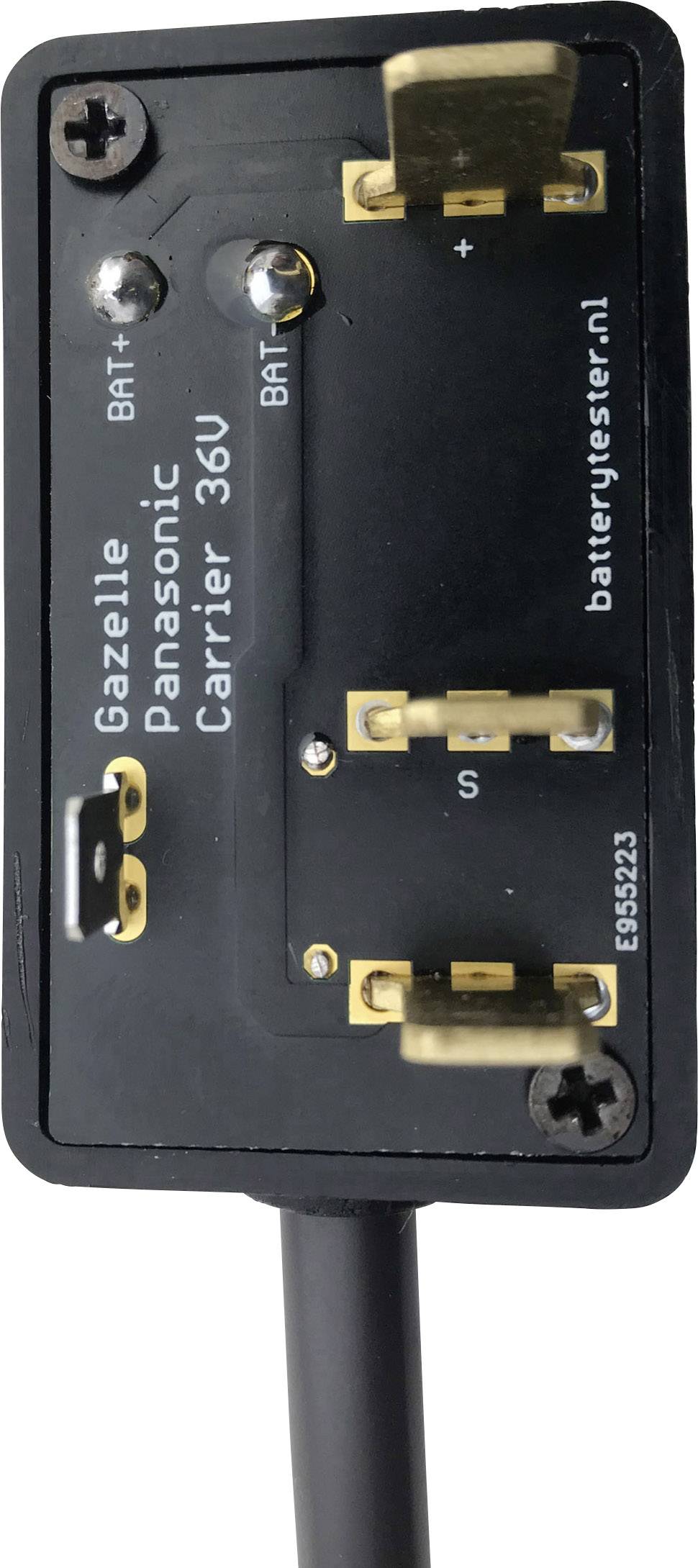 Adapterska plošča za baterijo Gazelle Panasonic Carrier 36V, z označenimi priključki 'BAT+', 'BAT-' in dodatnimi kontakti.