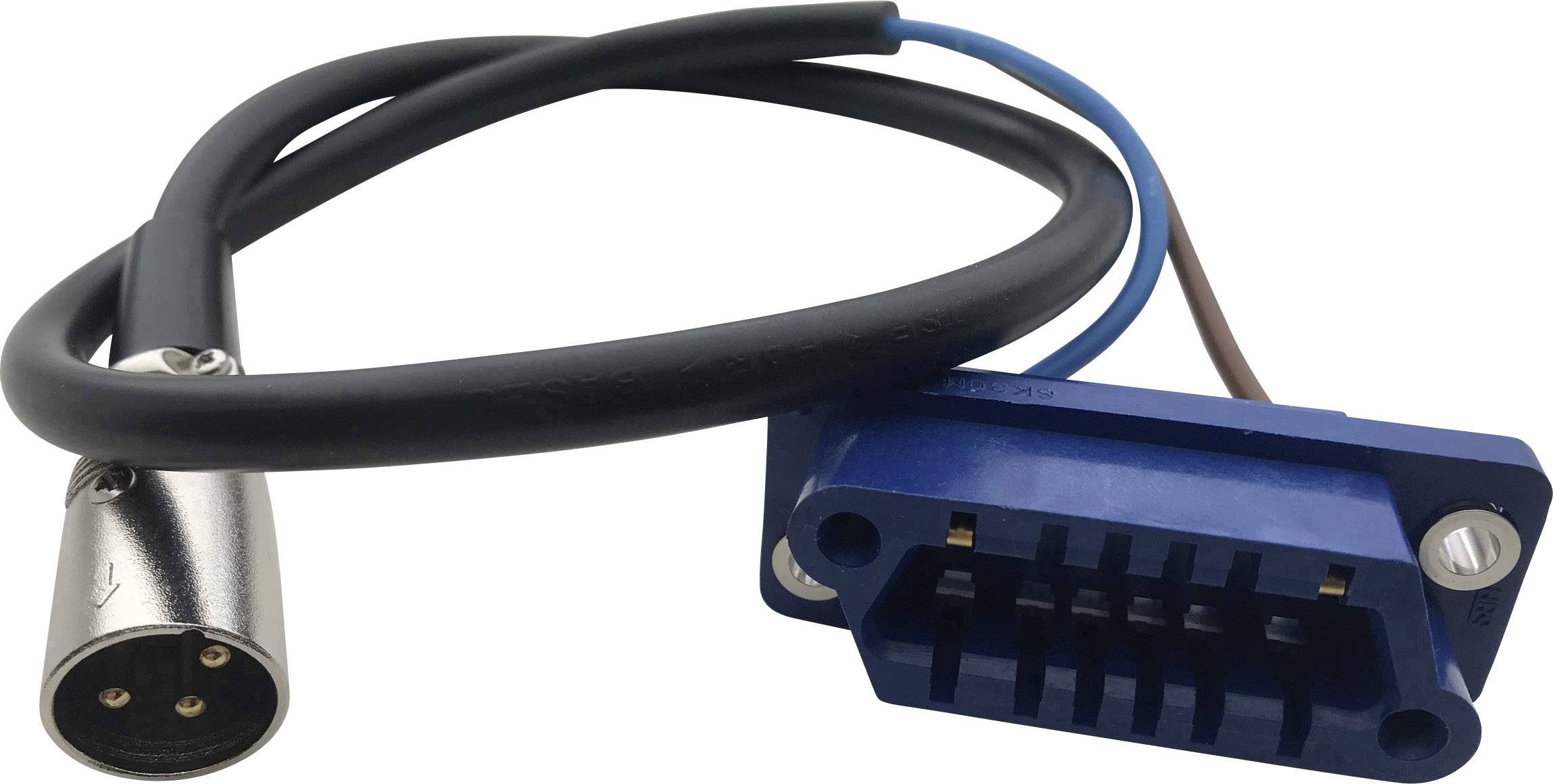 Avdio kabel s priključkom XLR, povezan z modrim adapterjem, primeren za priklop na različne avdio naprave.