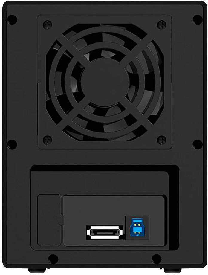 Hrbtna stran elektronske naprave z ventilatorjem in USB-priključki, vključno z USB 3.0 portom.