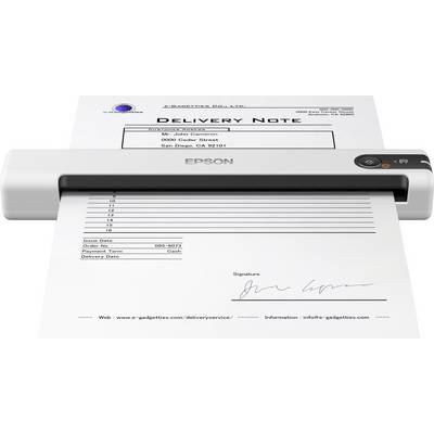 Kompakten bel skener Epson skenira 'dobavnico', spodaj z napisom 'g. John Cameron' in podpisom.