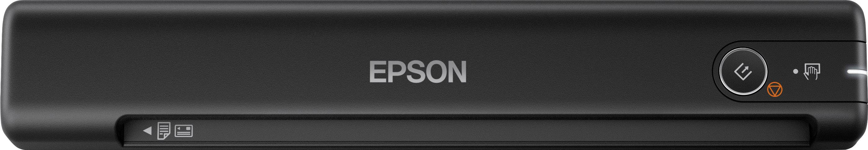 Črn prenosljiv Epsonov skener s tipkami za upravljanje na desni strani in Epsonovim logotipom na sredini. Zasnovan za mobilno skeniranje dokumentov.