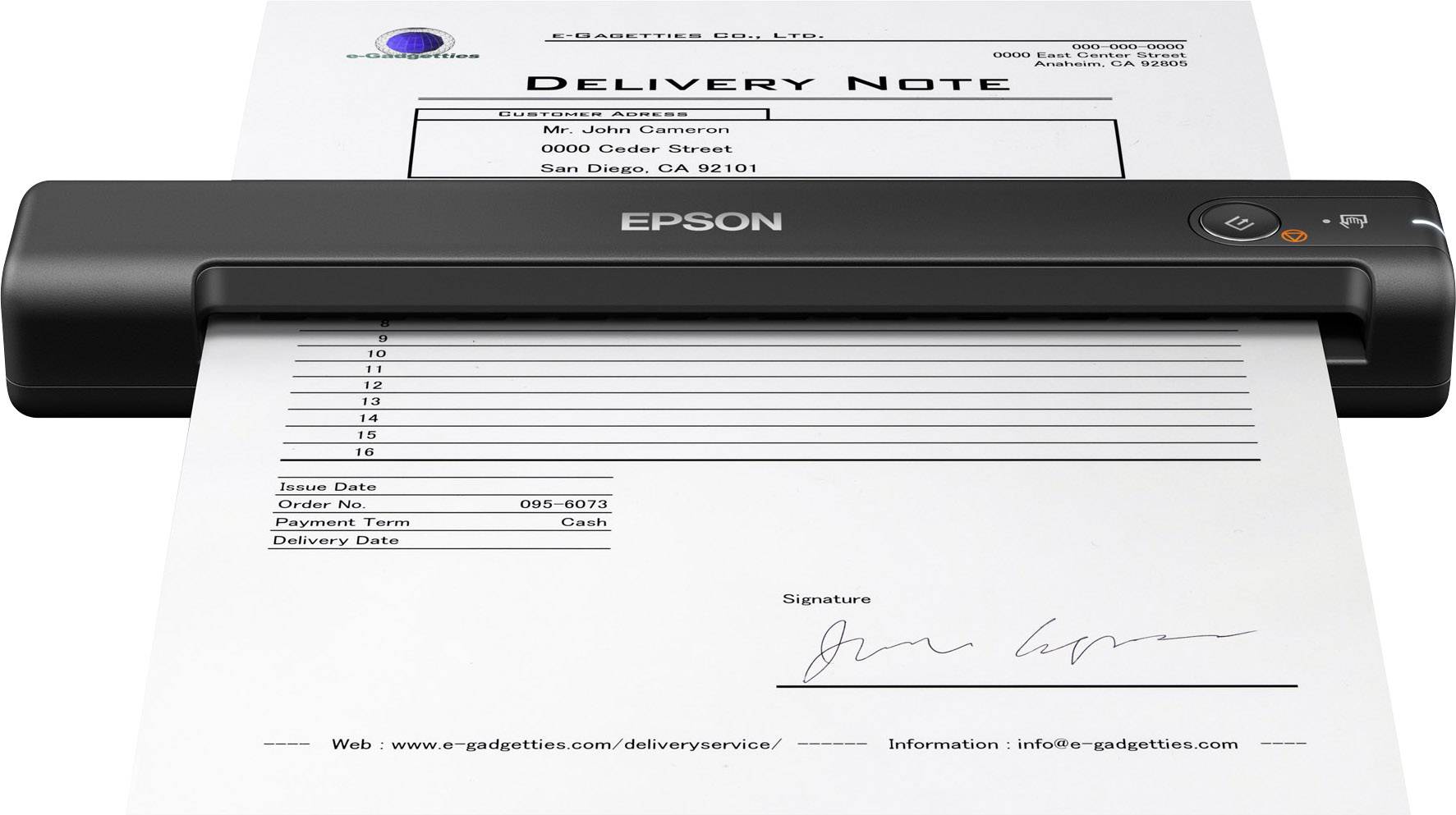Dokumentni skener skenira 'Dobavnico', ki je namenjena Johnu Cameronu. Skener je znamke Epson.