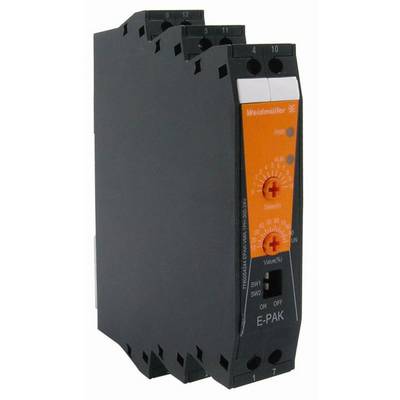 Črna električna krmilna naprava z oranžnimi elementi podjetja Weidmüller, model 'E-PAK', z nastavljivi stikali in prikazovalnikom.