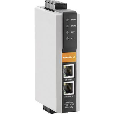 Modbus TCP/RTU prehod podjetja Weidmüller z dvema ethernetovima priključkoma in statusnimi indikatorji. Uporablja se za povezovanje omrežij.