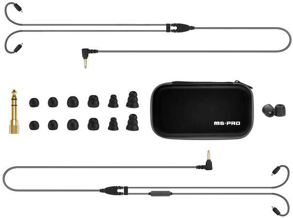 Žični ušesni monitorski slušalki z različnimi nastavki za ušesa in etuijem, model 'M6-PRO', vključno z 6,3-mm adapterjem.