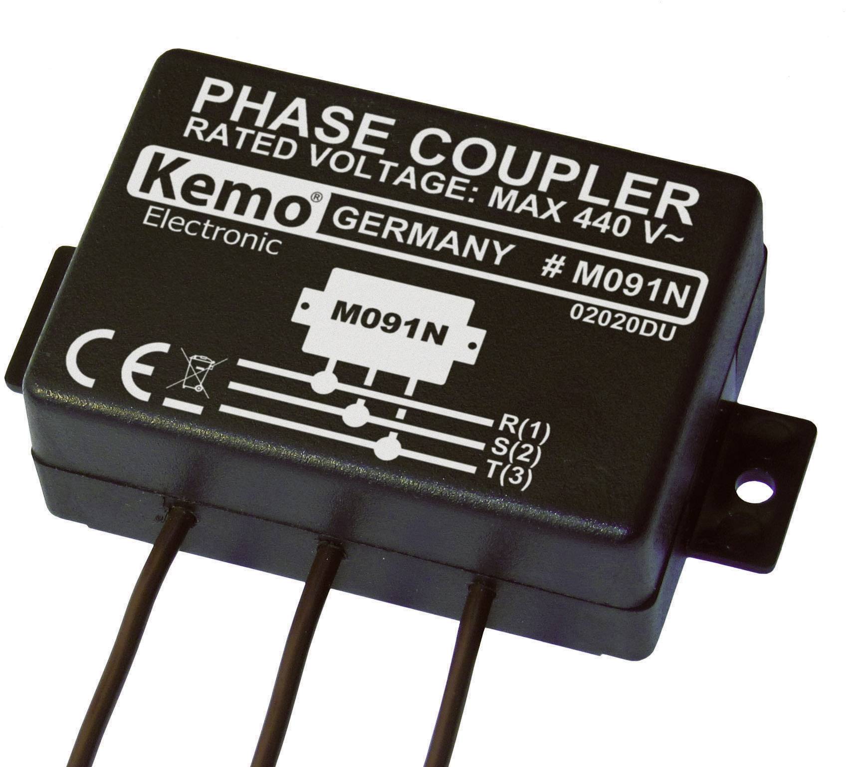 'Fazni sklopnik' podjetja Kemo, model #M091N, za napetosti do 440 V. Prikazuje električne priključke R, S, T.apl