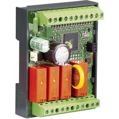 Elektronsko krmilni modul z zeleno tiskano ploščo, več priključki in rdečimi komponentami.