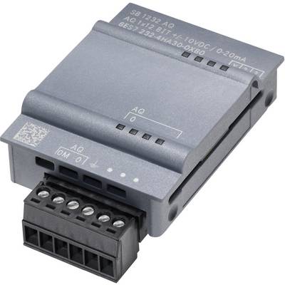 'Industrijski modul naprave s priključnimi sponkami in oznako: AQ 1x12 bitov, 0–10V DC, 0-20 mA. Siv ohišje, pravokotne oblike.'