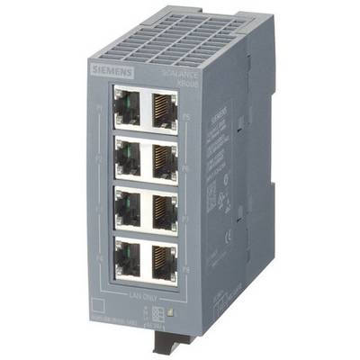 Omrežno stikalo, sivo, znamke Siemens, model Scalance XB008, pogled od spredaj z osmimi Ethernet-vrati.