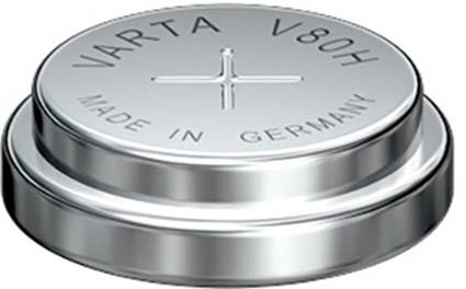 Srebrna gumbna baterija z napisom 'VARTA V80H' in 'MADE IN GERMANY'.