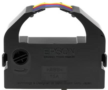 Črna kaseta tračnega črnila z barvnim trakom na vrhu, primerna za naprave Epson, označena z 'EPSON'.