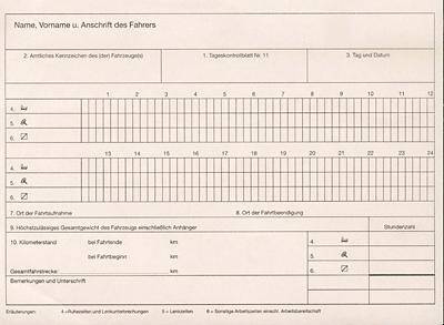 Diagram za dokumentacijo potnikov s polji za ime voznika, datum, kilometrski count in vozni red. Tabela z 24-urno razdelitvijo.