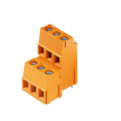 Oranžen električni priključek s tremi zgornjimi in tremi spodnjimi priključki, primeren za električne povezave in napeljave.