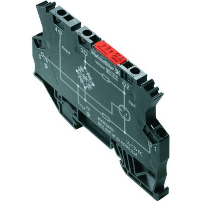 Električni relejev modul z označenimi priključki za vhod in izhod. Ime proizvajalca 'Weidmüller' je vidno.