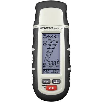 Merilnik vlažnosti Voltcraft FM-400 z digitalnim zaslonom prikazuje temperaturo in vrednosti vlažnosti za različne vrste lesa.