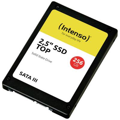 2,5-palčni SSD Intenso s 256 GB kapaciteto. Besedilo na nalepki: '2,5" SSD TOP', 'Trdi disk SSD', 'SATA III', 'za vsakdanje življenje'.