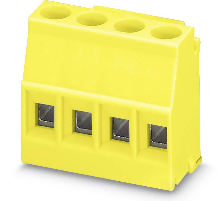 Rumeni električni priključni blok s štirimi priključnimi odprtinami, uporabljen za varno povezovanje električnih vodnikov.