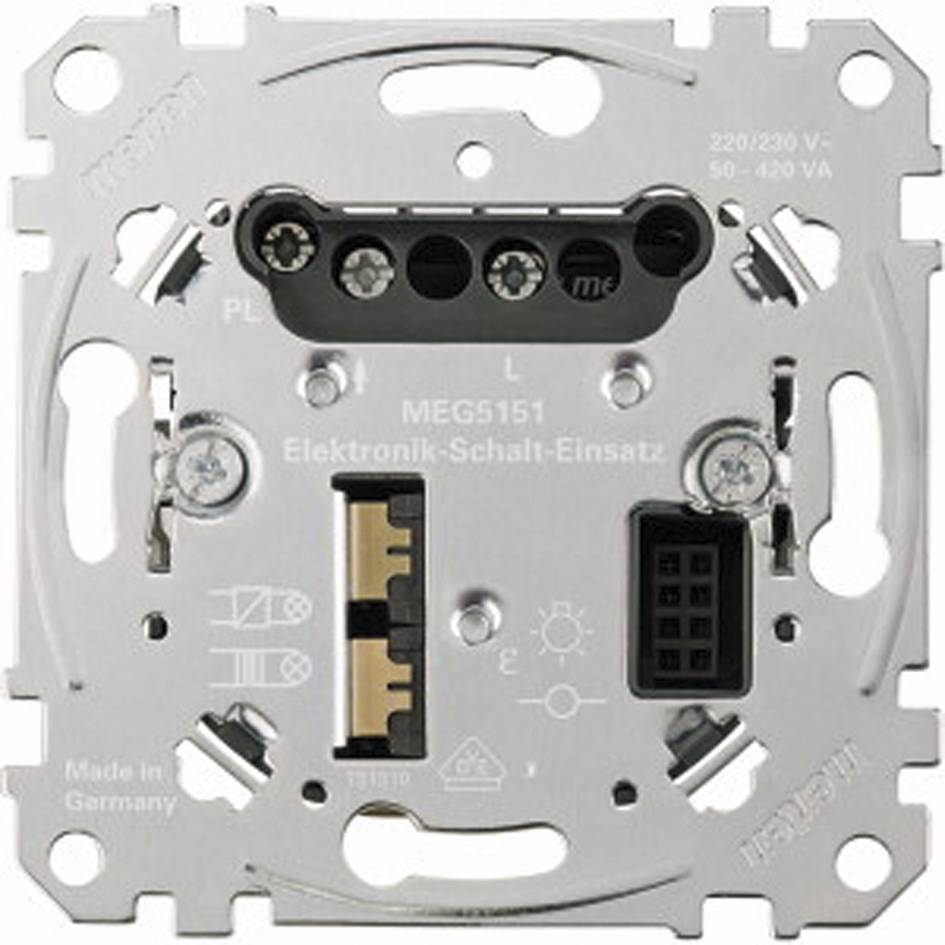 Kovinski stikalni modul s priključki. Napis: 'MEG5151 elektronski stikalni vložek'. Prikaz napetosti: 220/230 V, 50-420 V~.
