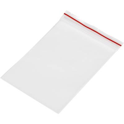 Prozorna plastična vrečka z rdečim zatičem, prazna in ležeča na beli podlagi.
