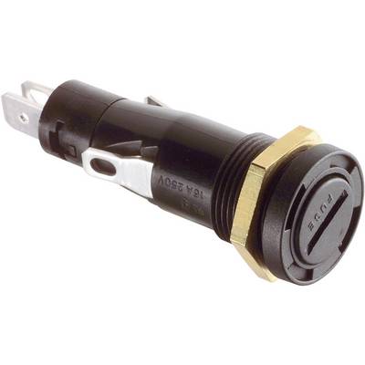 Črn varovalčni nosilec z kovinskim navojem in napisom 'Fuse', primeren za 16A, 250V, namenjen za vstavljanje finih varovalk, s stranskimi priključki.