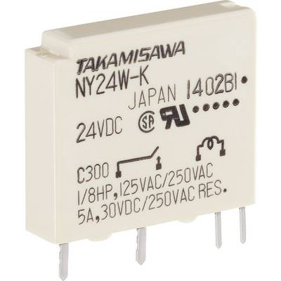 Pravokoten električni rele z napisom 'NY24W-K' in specifikacijami '24VDC' prikazuje priključke za vezavo.