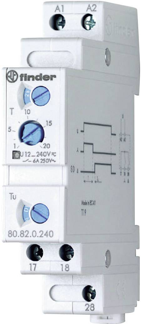 Časovni rele Finder, model 80.82.0.240. Bele barve z modrimi nastavitvnimi gumbi in natisnjenimi diagrami. Uporablja se za krmiljenje časa.
