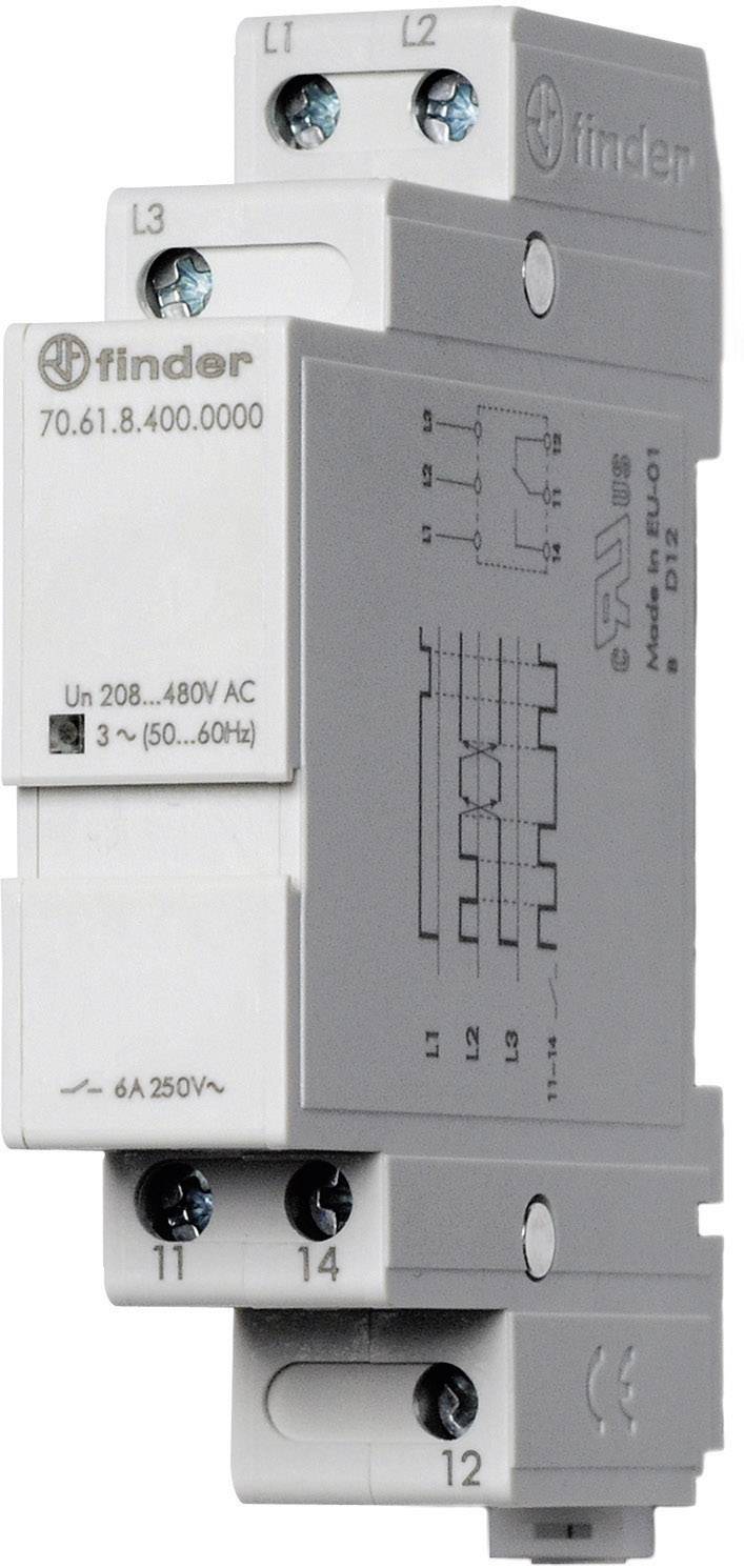 6-polni relejev modul Finder, model 70.61, primeren za napetosti od 208 do 480V AC, prikazan s shematskim načrtom.