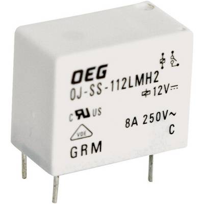 Belo relejev z oznako 'OEG OJ-SS-112LMH2', specifično za 12V, 8A, 250V, z večimi varnostnimi certifikati.