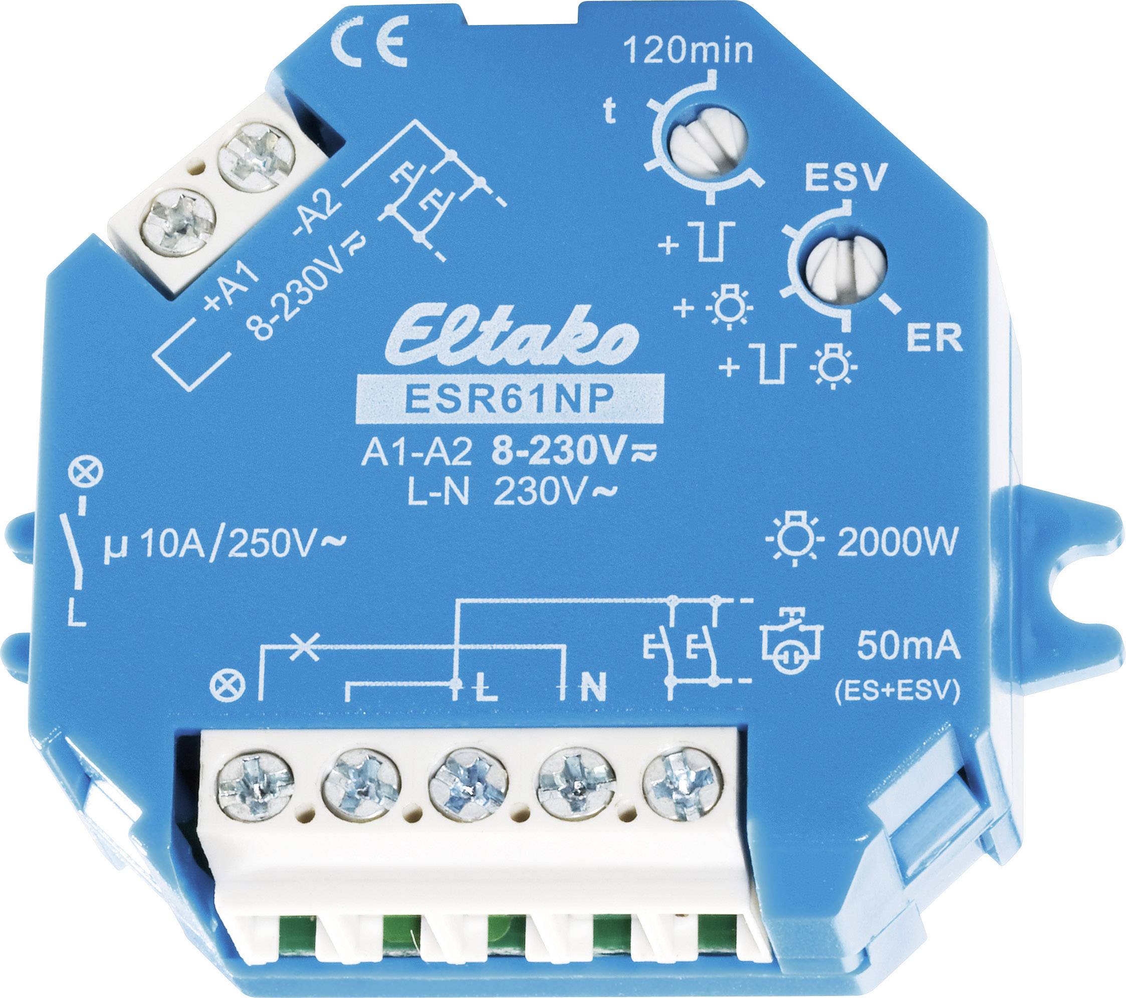 Moder elektromehanični relejev stikalo Eltako, model ESR61NP, za napetosti od 8-230V in 10A. Povezave in oznake vidne.