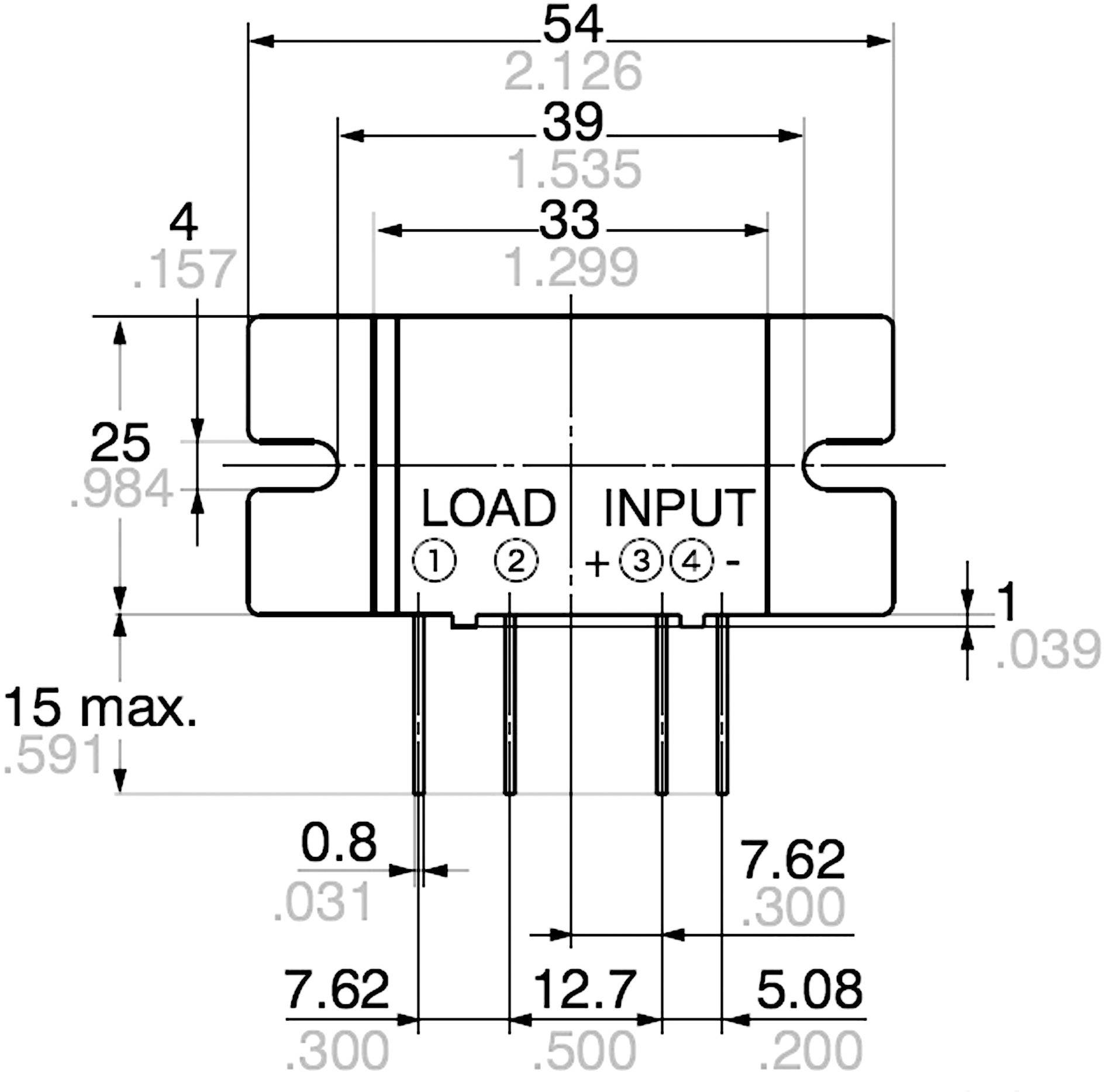 Diagram elektronske komponente z merami v milimetrih, prikazuje priključke za 'Obremenitev' in 'Vhod' z določenimi razmiki.
