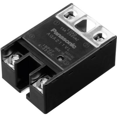 Črno trdnostno (solid-state) rele znamke Panasonic, model AQA211VL, primerno za 15A, 240VAC. Na vrhu ima štiri priključke.