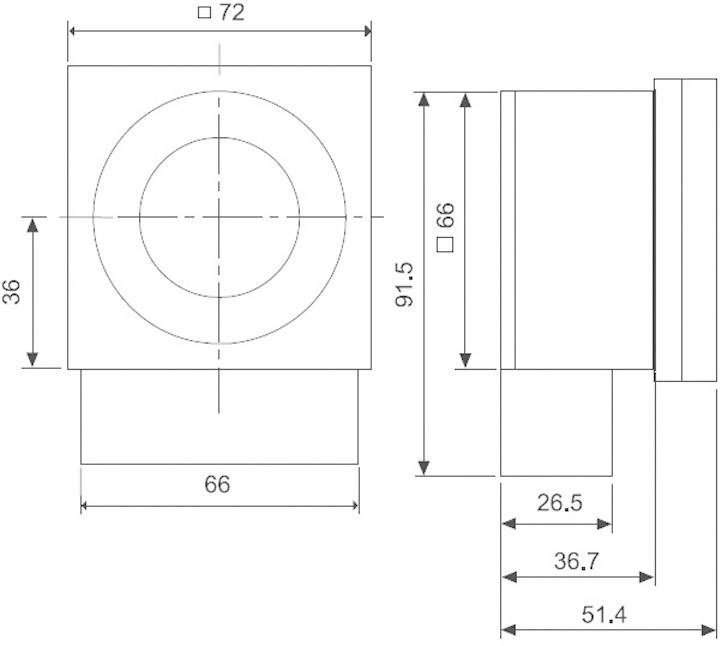 Tehnična risba kvadratnega elementa z dvema pogledoma. Mere: 72x36 in 66x91,5 enot. Stranski pogled prikazuje globino.
