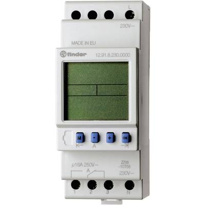 Digitalni časovni stikalni element Finder z zaslonom in tipkami za nastavitve. Primeren za napetost 230V, maksimalni tok 16A.