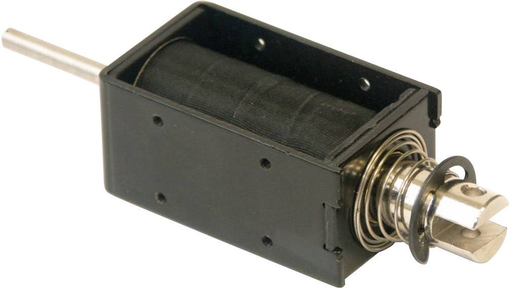 Pravokoten elektromagnet s črnim ohišjem, kjer je vidna vzmet in kovinski drog, ki štrli iz ohišja.