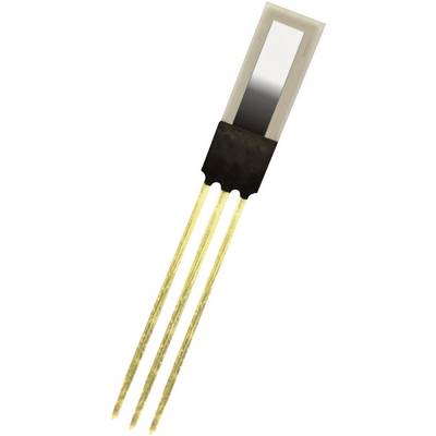 Na sliki je prikazan pravokoten elektronski senzor s tremi zlatimi kontakti, ki se uporablja za merjenje fizikalnih parametrov.