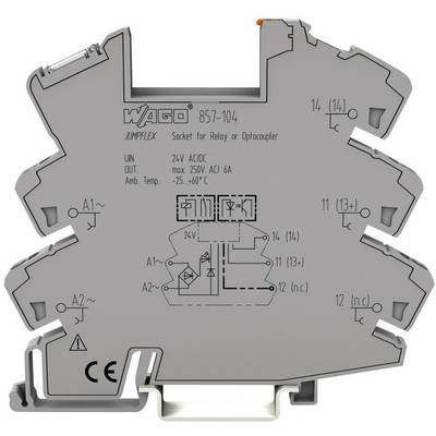 'WAGO Jumplex podnožje 857-104: 24V AC/DC, maks. 250V AC/6A. Temperatura okolja -25...60°C. Primerno za releje ali optosklopnike.'