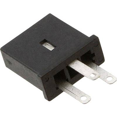 Črno pravokotno električno relejevsko stikalo z dvema kovinskima kontaktoma, prikazano s stransko perspektivo.