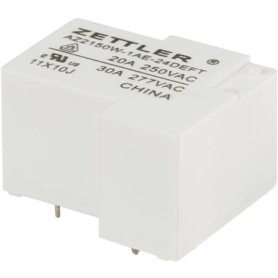 Bela električna relejna naprava znamke Zettler, model AZ2150, s specifikacijami 20A 250VAC in 30A 277VAC.