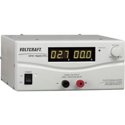 Napajalnik Voltcraft SPS 1525 PFC z digitalno prikazovalnih kaže 2,7 V in 0,0 A. Prisoten je stikalo, priključki in gumb za uravnavanje napetosti.