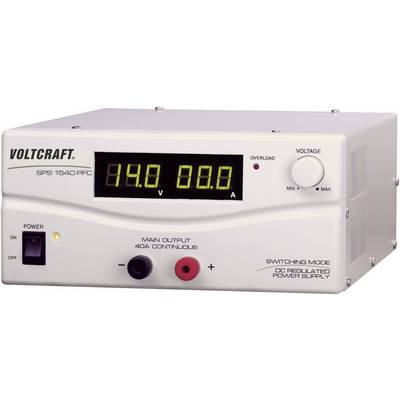 Reguliran napajalni vir Voltcraft na digitalni display prikazuje napetost 14,0 voltov in 0,0 amperov. Stikalo je nastavljeno na 'Power On'.