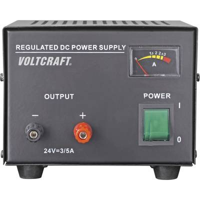 Enosmerni napajalnik Voltcraft z zaslonom. Prikazuje tokovno jakost do 3 A pri 24 V. Ima stikalo za vklop/izklop.