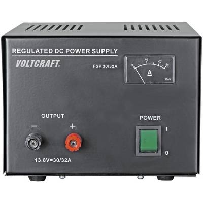 Reguliran enosmerni napajalnik z ampermeter, model 'Voltcraft FSP 30/32A'. Ima izhode in zeleni stikalni gumb.