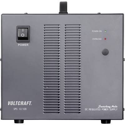 'Voltcraft SPS 12/120' napajalnik s stikalom, dvema LED indikatorjema za delovanje in preobremenitev. Pravokotna, siva zasnova.