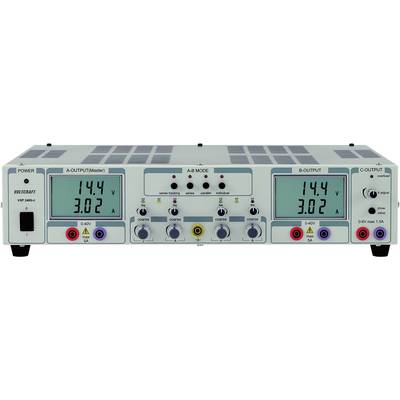 Elektronska regulacijska naprava z dvema digitalnima prikazovalnikoma kaže 14,4 V in 3,02 A. Ima več regulatorjev in priključkov.
