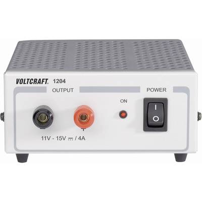 Napetostni vir Voltcraft 1204, prikazuje izhodne priključke, stikalo in območje moči '11V-15V, 4A'.